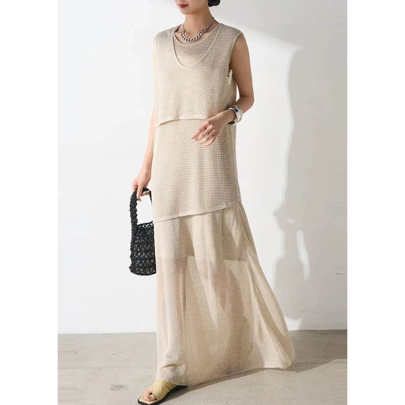 Elegant Beige Asymmetrical Hollow Out Tulle Two Piece Set Outfits Sleeveless