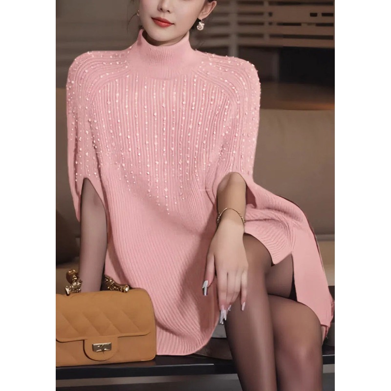 Elegant Pink Turtleneck Thick Cotton Knit Sweaters Winter