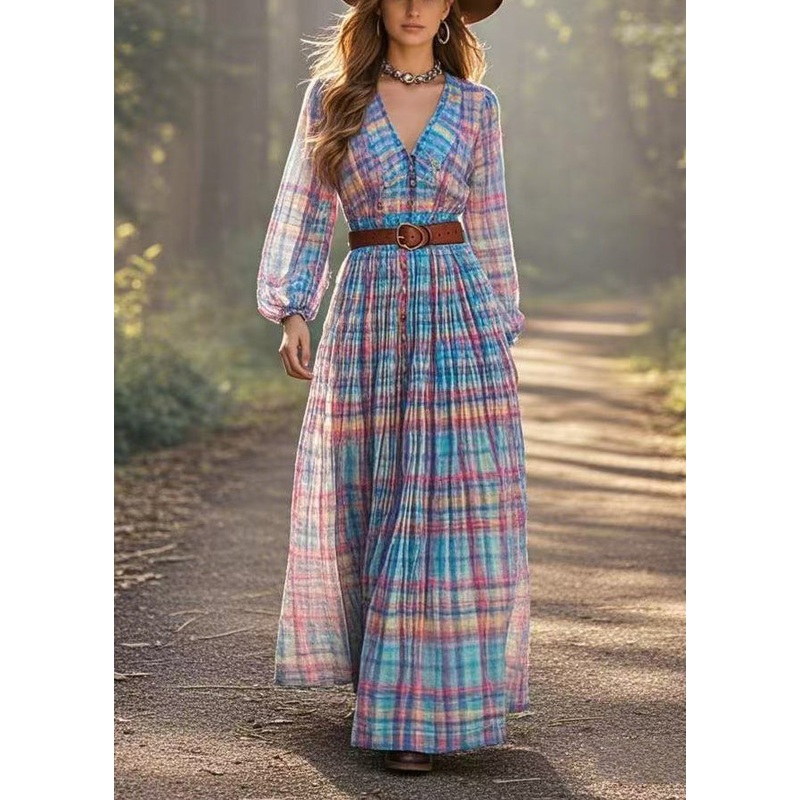 Elegant Rainbow Cinched Plaid Cotton Dresses Spring
