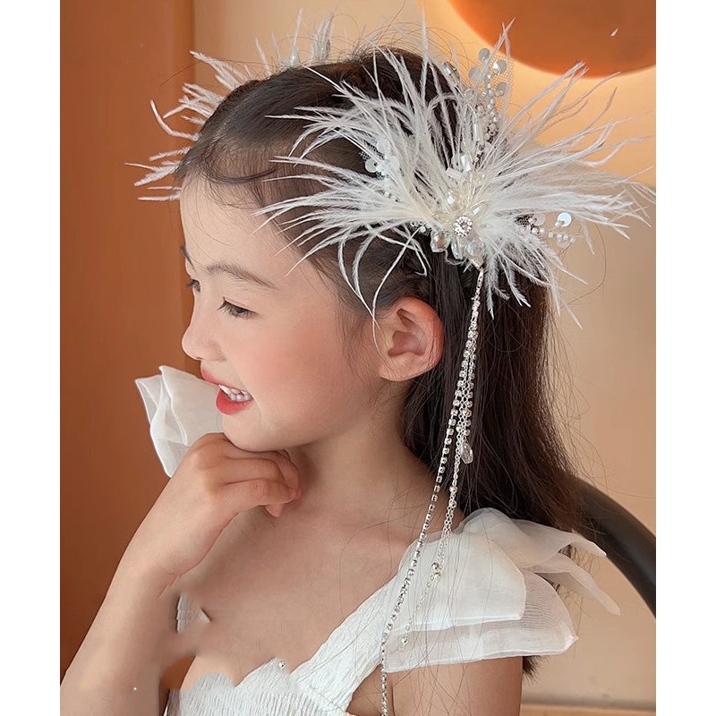 Elegant White Alloy Feather Pearl Sequins Tassel Girls Hairpin