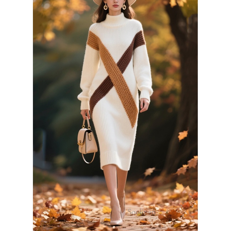Elegant White Turtle Neck Patchwork Warm Sweater Dress Winter
