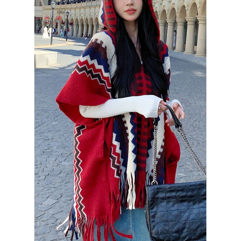 Ethnic Style Red Hooded Cape Style Shawl Coat