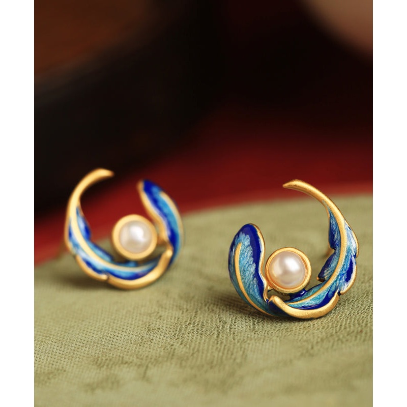 Fashion Colorblock Copper Alloy Pearl Feather Hoop Earrings