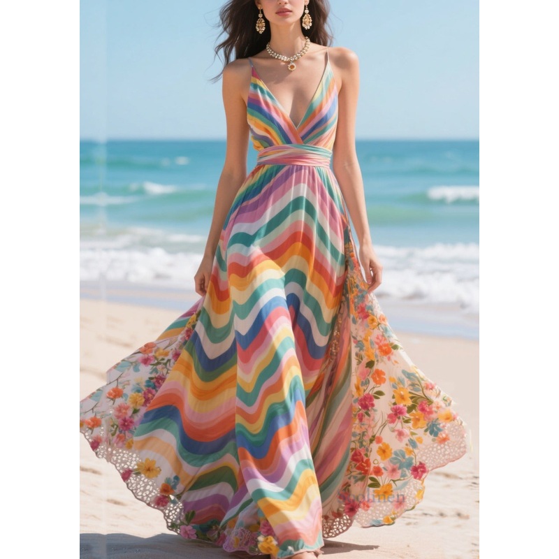 Fashion Rainbow Patchwork Exra Large Hem Chiffon Mini Dress Summer