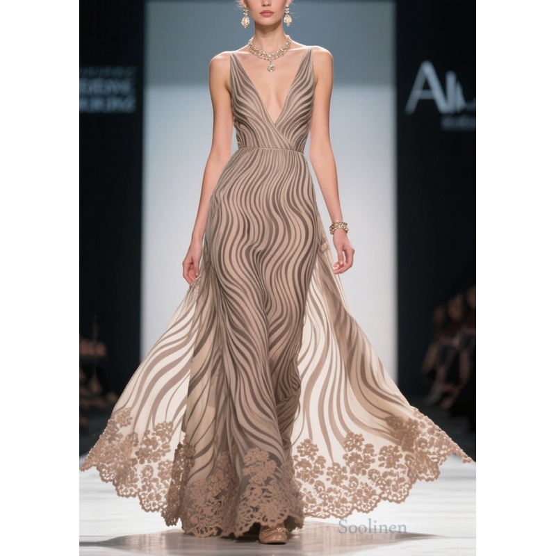 Fine Khaki Striped Exra Large Hem Chiffon Dinner Dress Summer