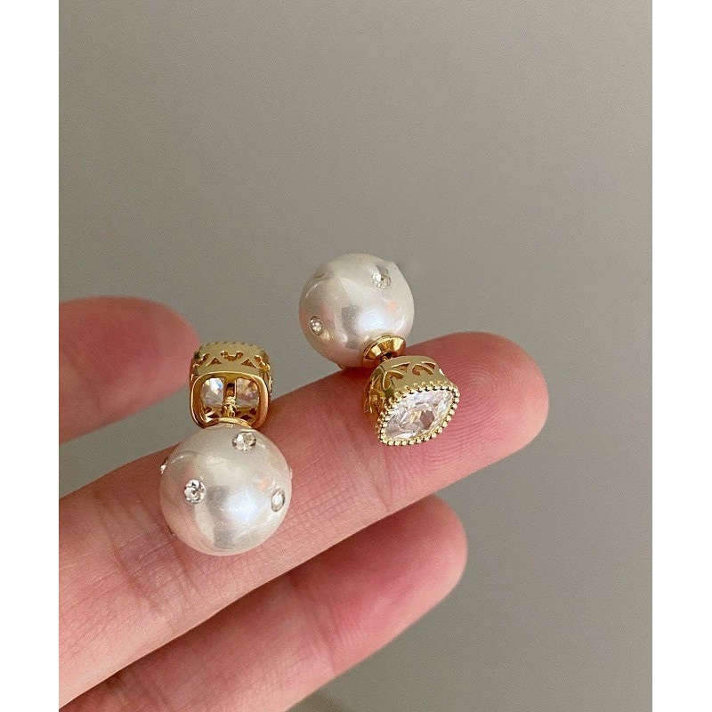 Fine White Copper Zircon Pearl Stud Earrings