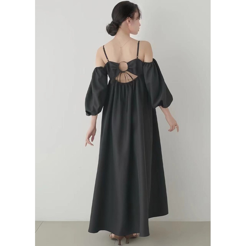 French Black Backless Cotton Party Dresses Puff Sleeve