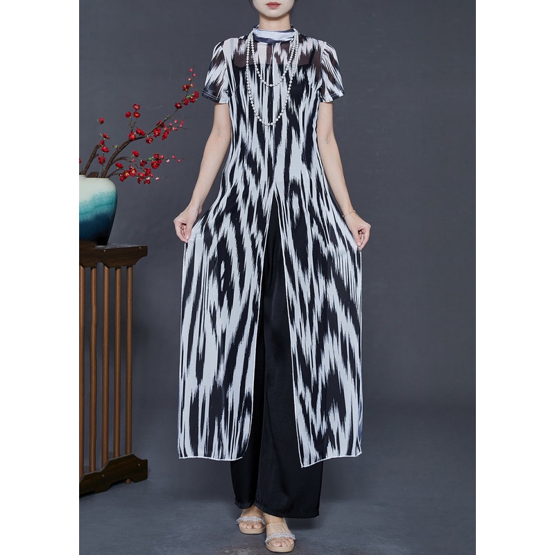 French Black Print Side Open Silk Two Pieces Set Summer