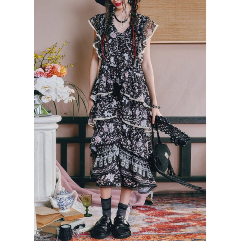 French Black V Neck Print High Waist Chiffon Long Dresses Summer