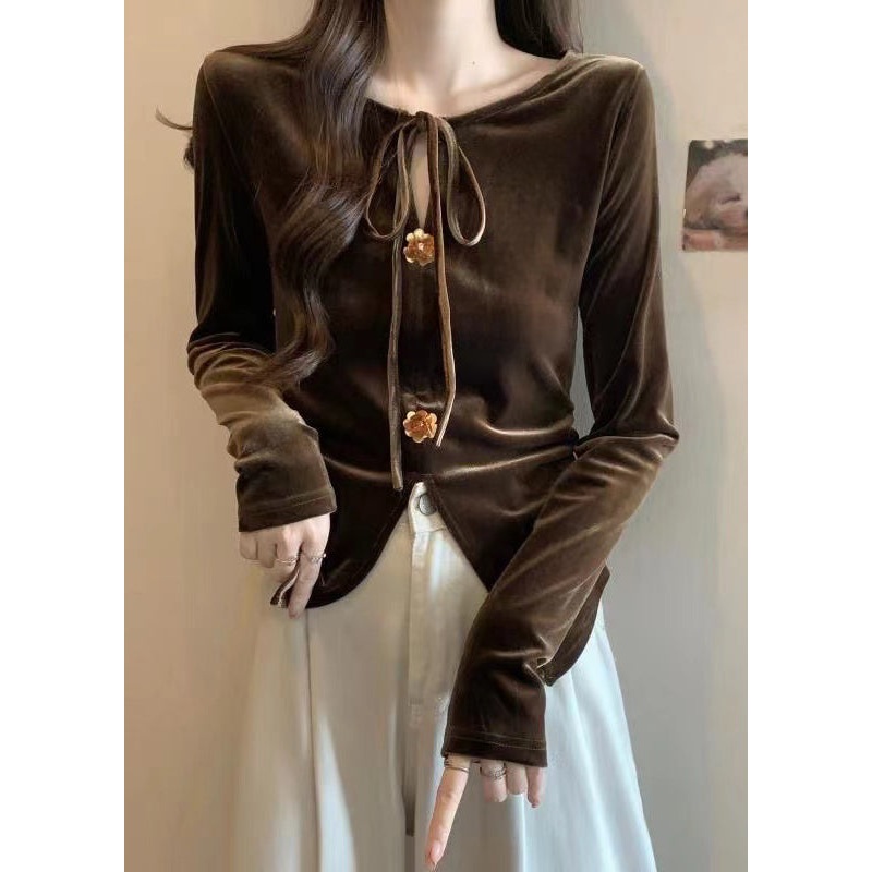 French Brown Lace Up Front Open Silk Velour Shirts Spring