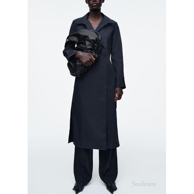 French Navy Oversized Double Breast Cotton Shirt Dresses Fall