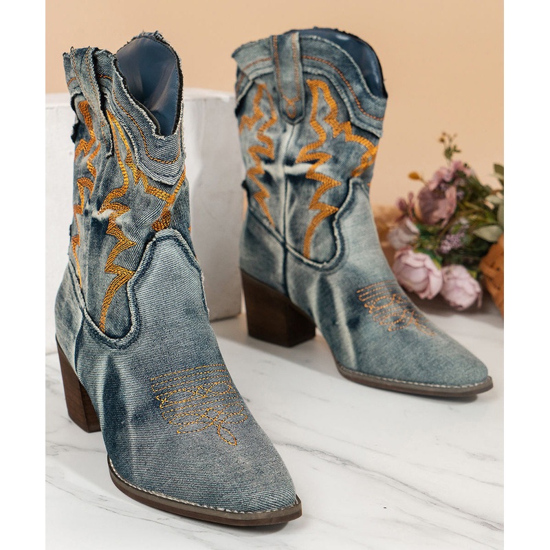 French Pointed Toe Fabric Boots Cowboy Boots Embossed Blue