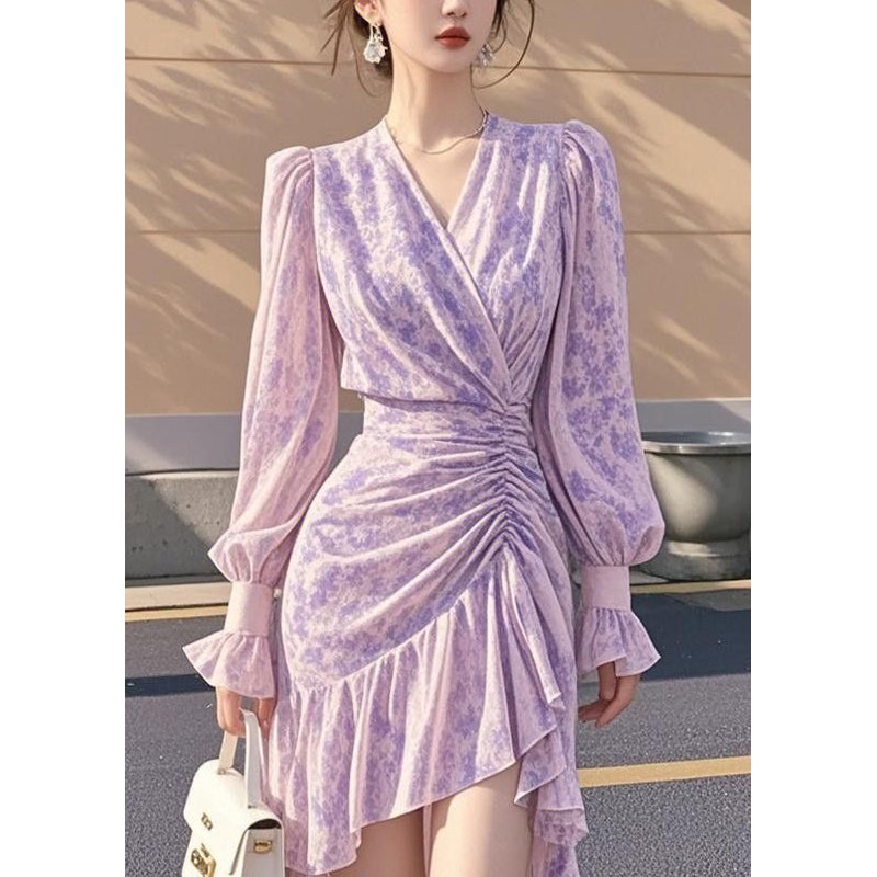 French Purple Ruffled Cinched Asymmetrical Chiffon Dress Fall