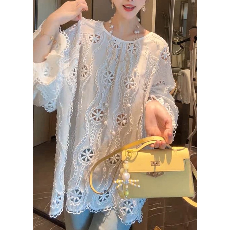 French White O Neck Hollow Out Cotton Shirt Flare Sleeve