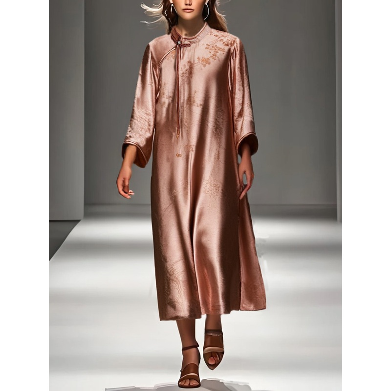 Grace Pink Stand Collar Tasseled Patchwork Jacquard Silk Mid Dress Summer