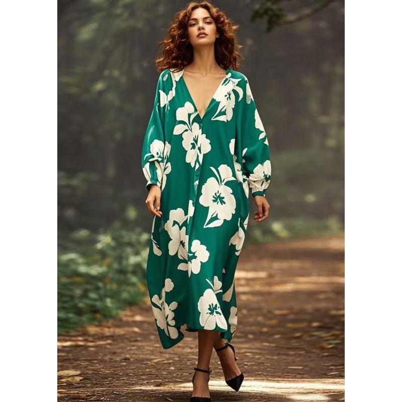 Green Print Oversized Chiffon Long Dress V Neck Spring