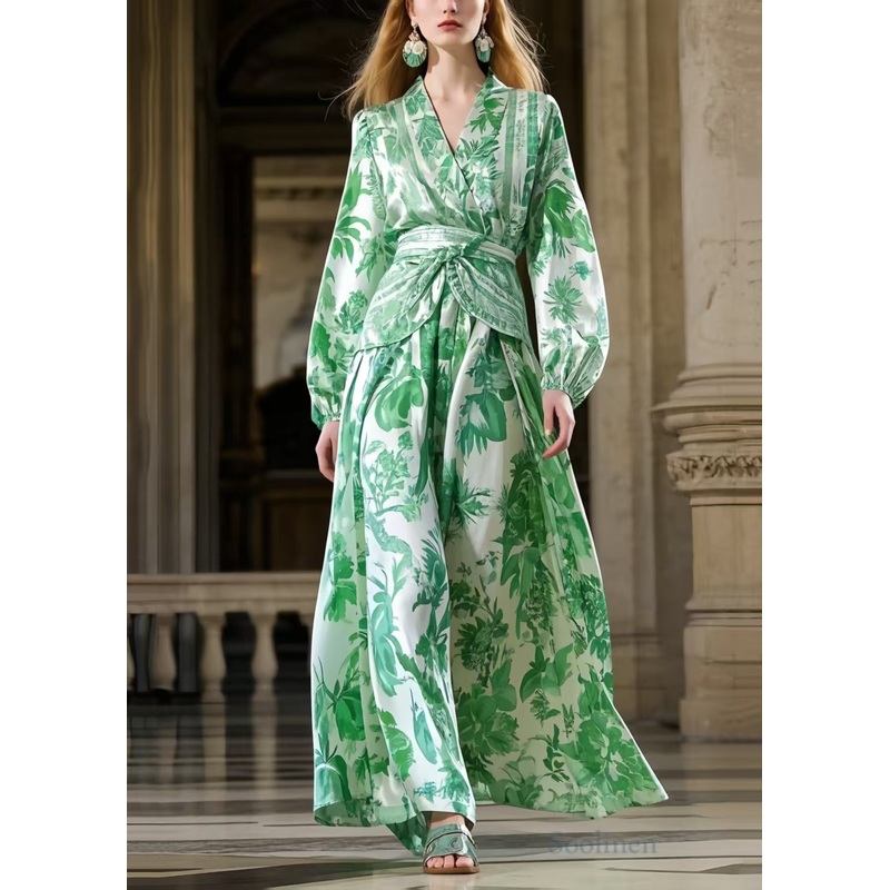 Handmade Grass Green Cinched Print Silk Dress Spring
