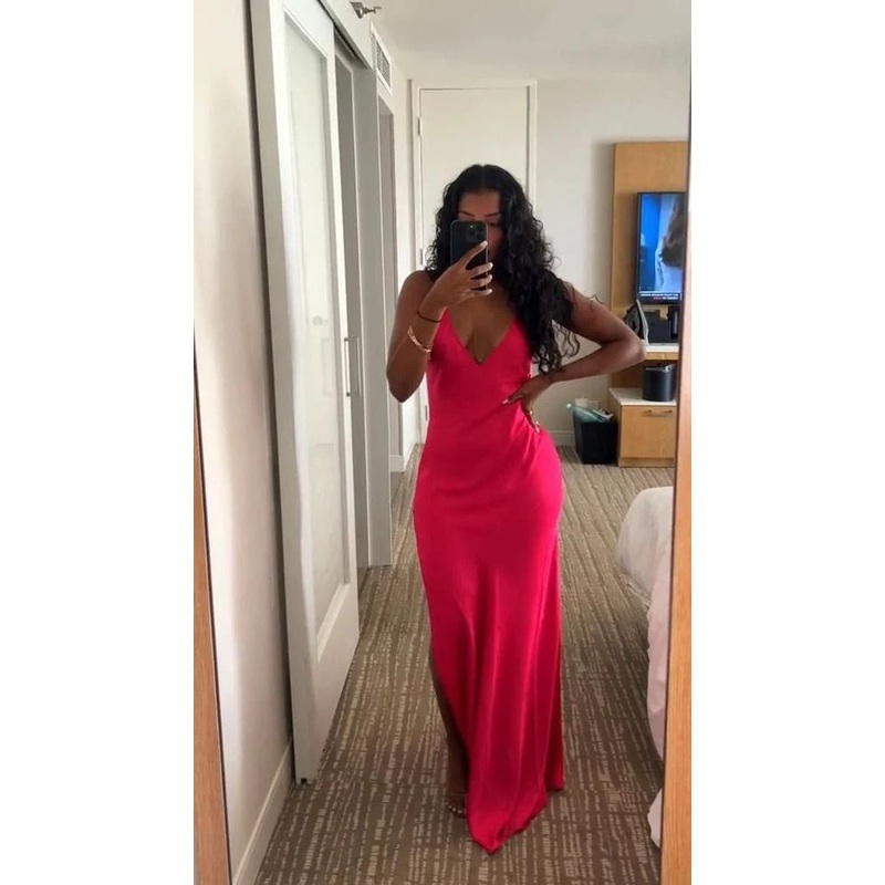 Hot Pink Formal Party Dress V Neck Sheath Long Prom Dress J4786