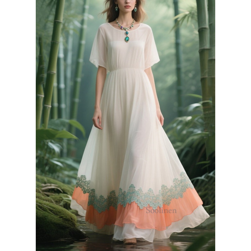 Italian White Lace Patchwork Draping Chiffon Vacation Dresses Summer