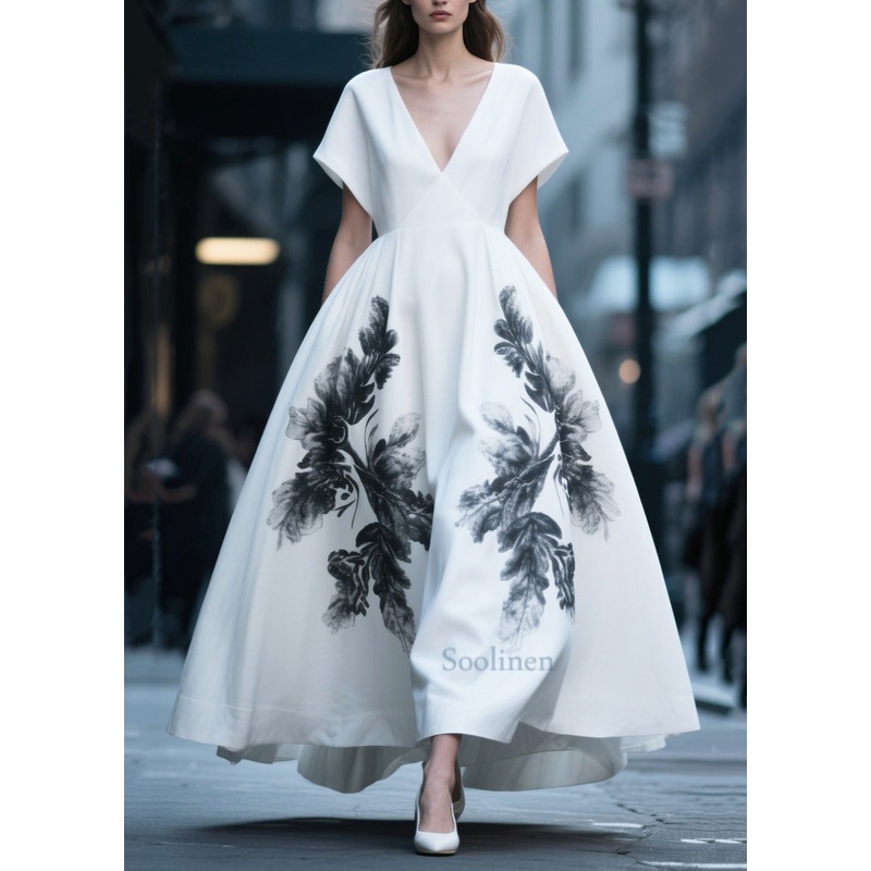 Italian White Print Exra Large Hem Cotton Party Dress Summer