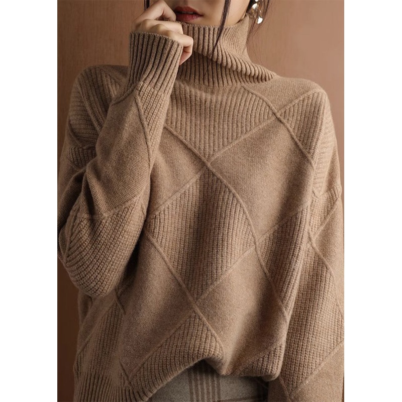 Loose Camel Turtleneck Plaid Woolen Sweater Spring