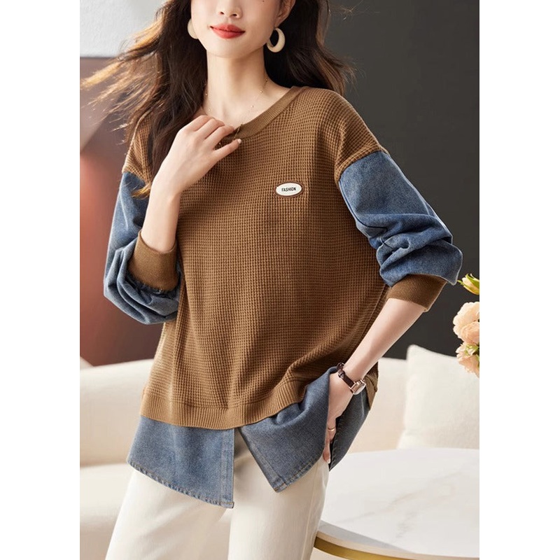 Loose Coffee O Neck Denim Patchwork Knit Tops Spring