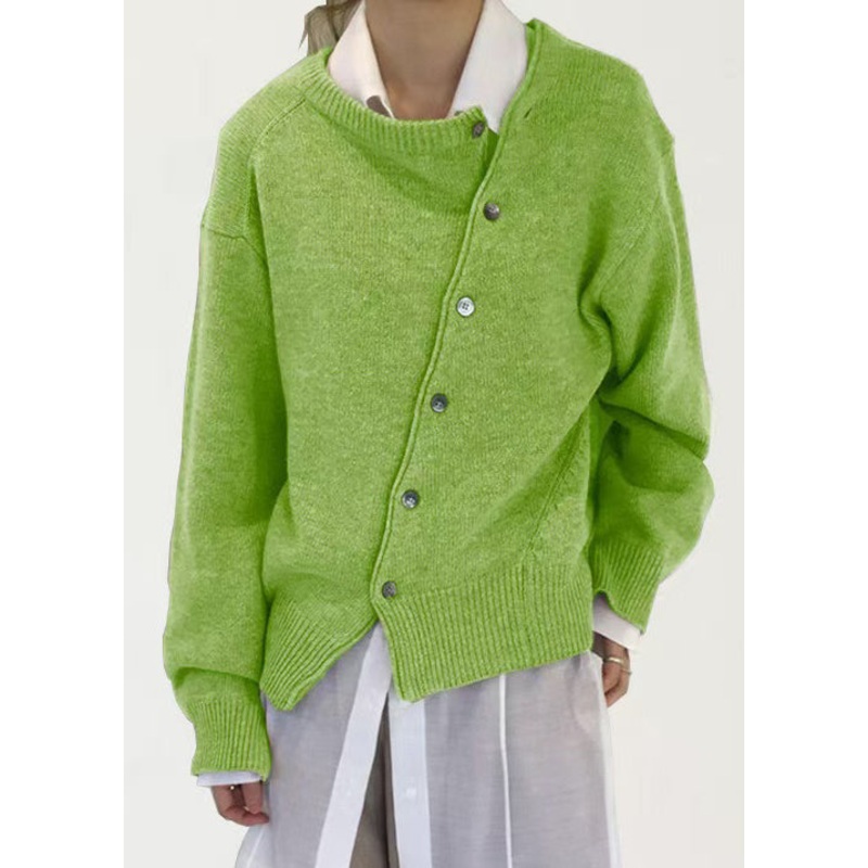 Loose Green Asymmetrical Button Solid Knit Coat Spring
