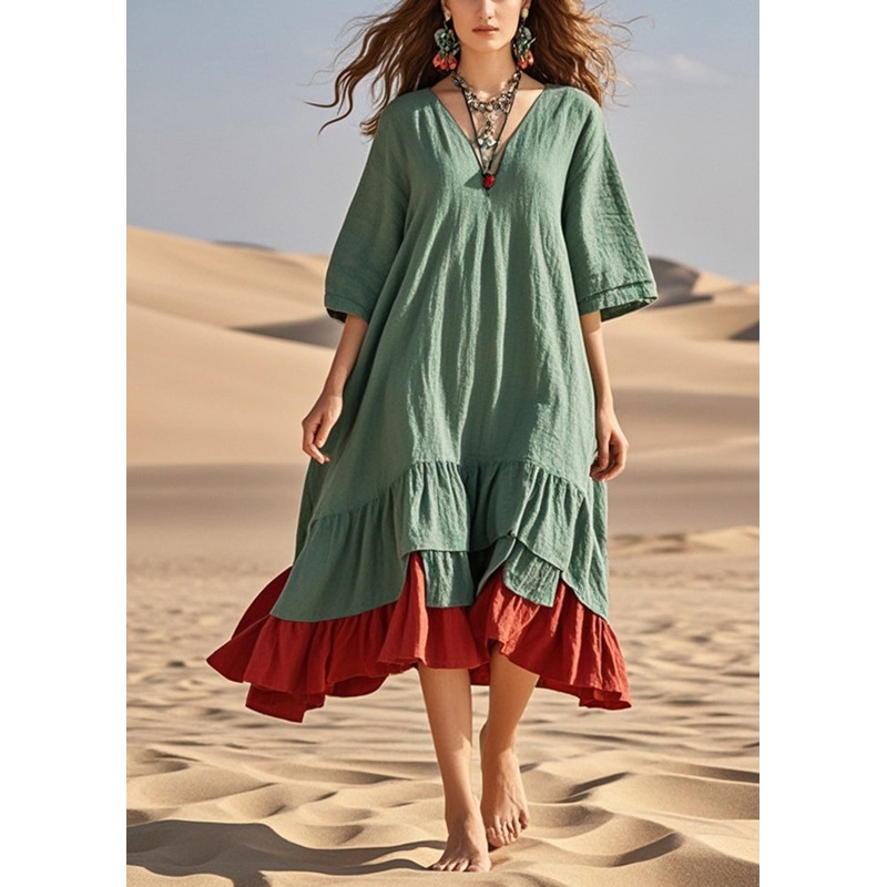 Loose Green Oversized Patchwork Cotton Maxi Dress Summer