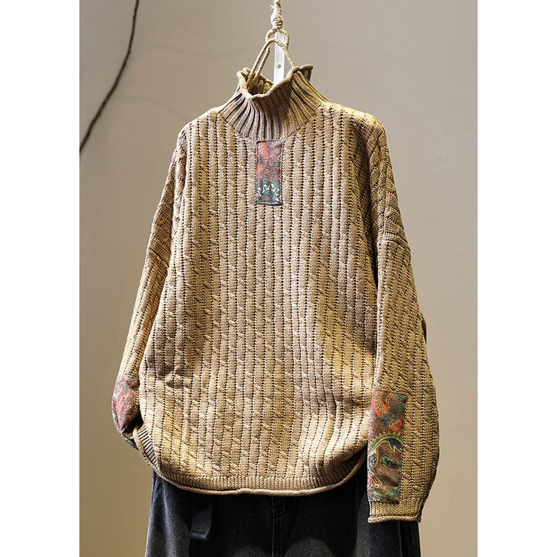 Loose Khaki Turtleneck Patchwork Cotton Knit Sweaters Spring