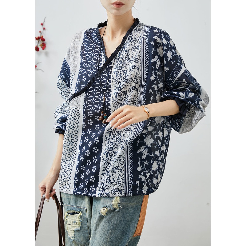 Loose Navy Print Cotton Blouse Top Spring