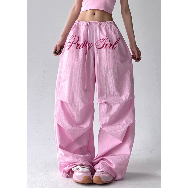 Loose Pink Letter Pockets Drawstring Cotton Pants Fall