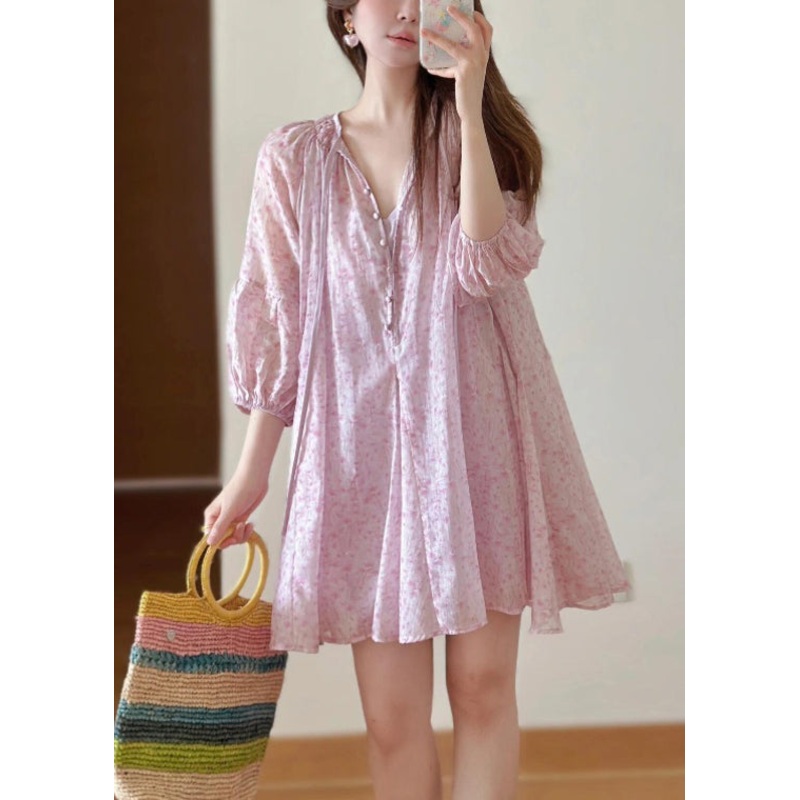 Loose Pink Print Lace Up Cotton Shirts Dress Fall