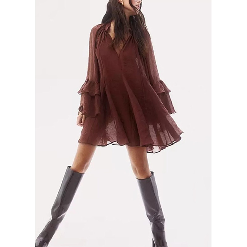 Loose Rust V Neck Tie Waist Cotton Mid Dress Fall