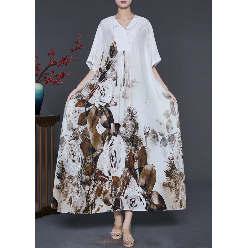 Loose White Oversized Print Silk Maxi Dresses Summer