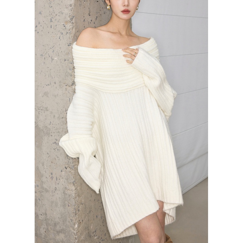 Loose White Slash Neck Solid Knit Knitwear Sweater Dress Batwing Sleeve