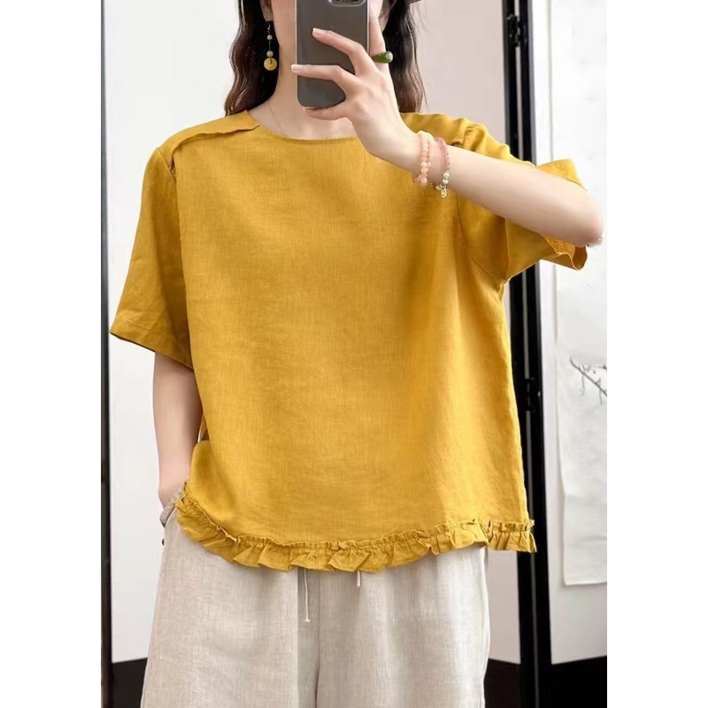 Loose Yellow Ruffled Button Linen Blouses Summer