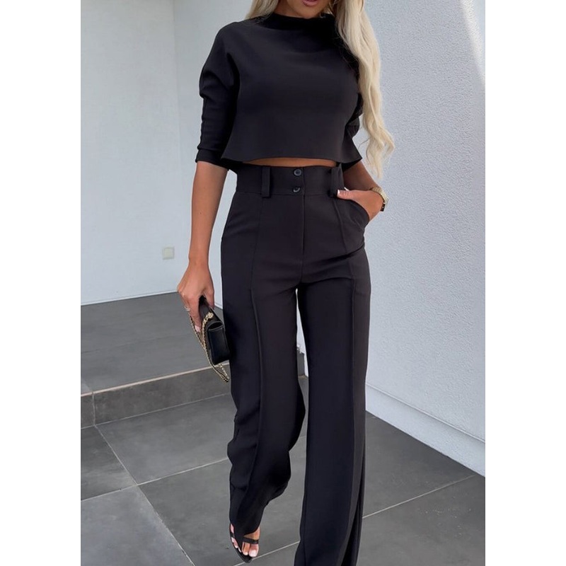 Modern Black Solid Top And Wide Leg Pants Two Pieces Set Fall
