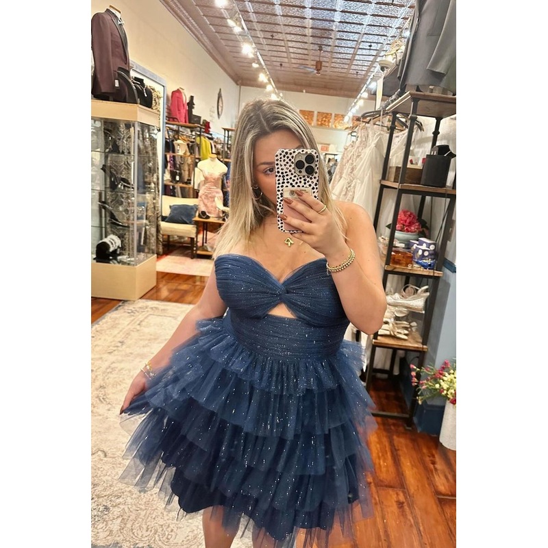 Navy Blue Layered Ruffle Short Homecoming Dress Short Party Dress J4269