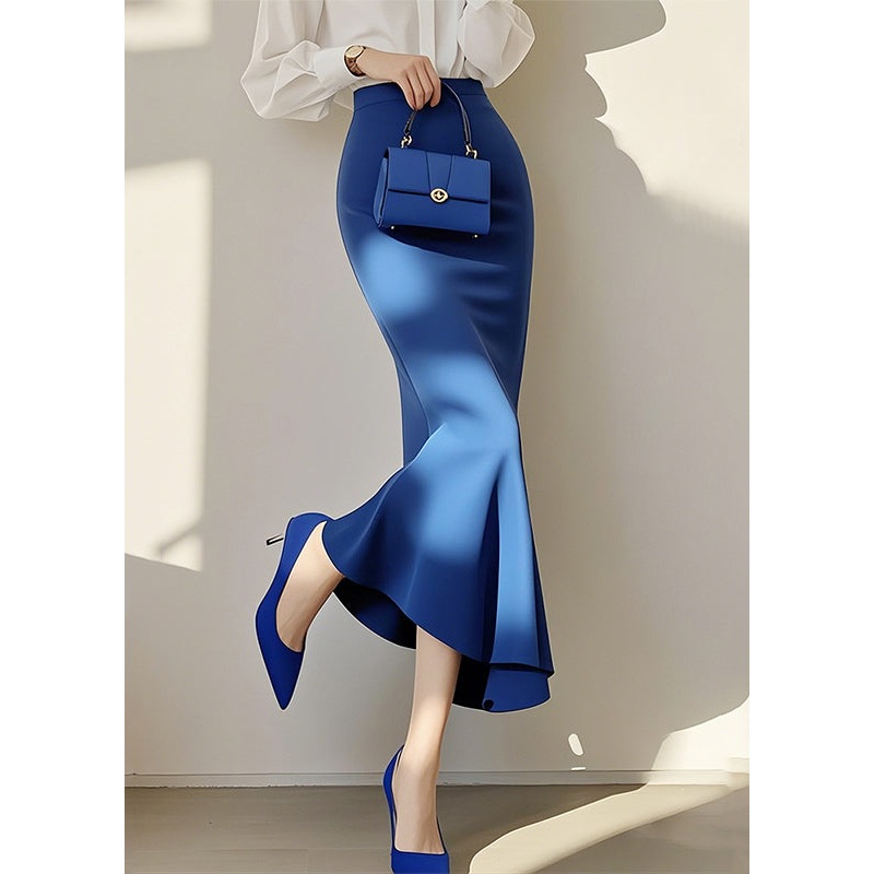 New Blue Solid High Waist Cotton Fishtail Skirt Spring