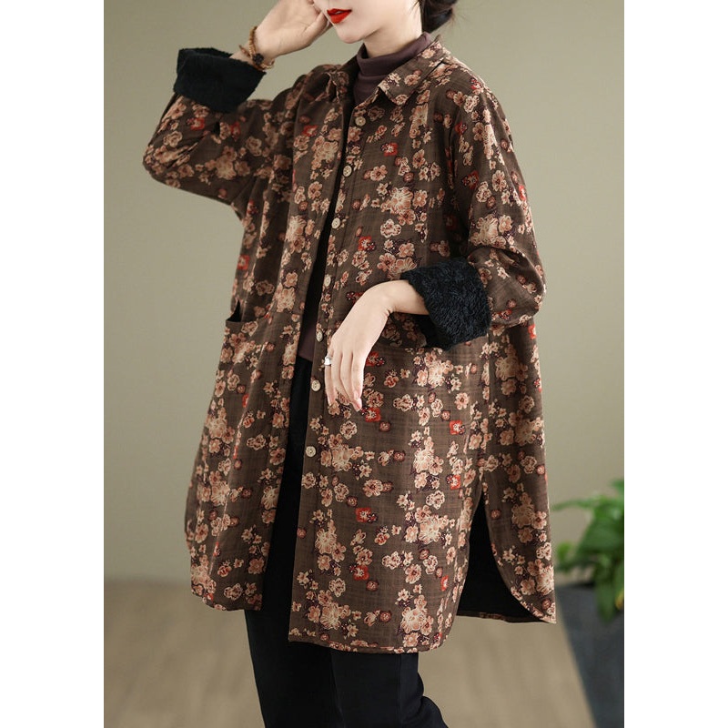 New Coffee Peter Pan Collar Pockets Print Warm Fleece Shirts Coat Spring