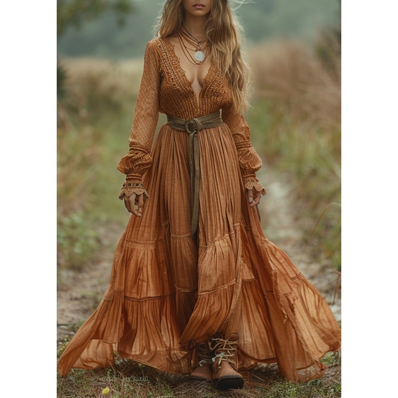 New Orange V Neck Wrinkled Patchwork Cotton Dress Long Sleeve