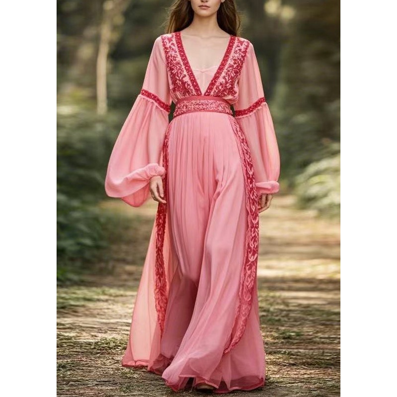 New Pink V Neck Patchwork Chiffon Long Dresses Lantern Sleeve