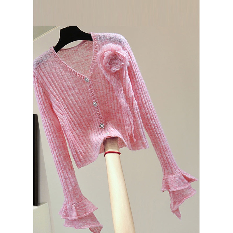 Novelty Pink Ruffled Floral Nail Bead Cotton Knit Sweater Spring