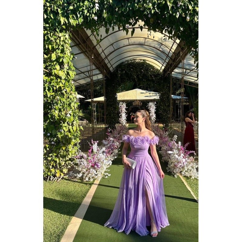 Off Shoulder A Line Lavender Prom Dress Tulle Wedding Guest Dress J7788