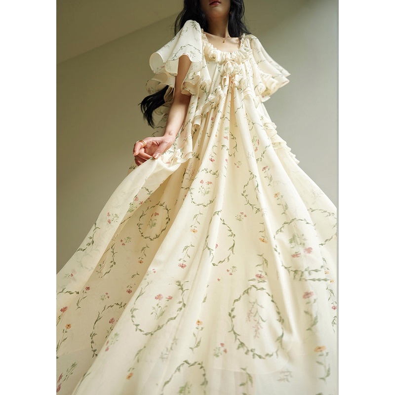 Organic Beige O-Neck Ruffled Patchwork Maxi Dress Short Sleeve