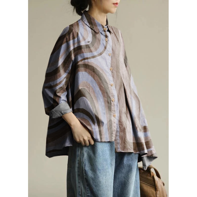 Organic Brown texture flowers Tunic lapel asymmetric short shirt