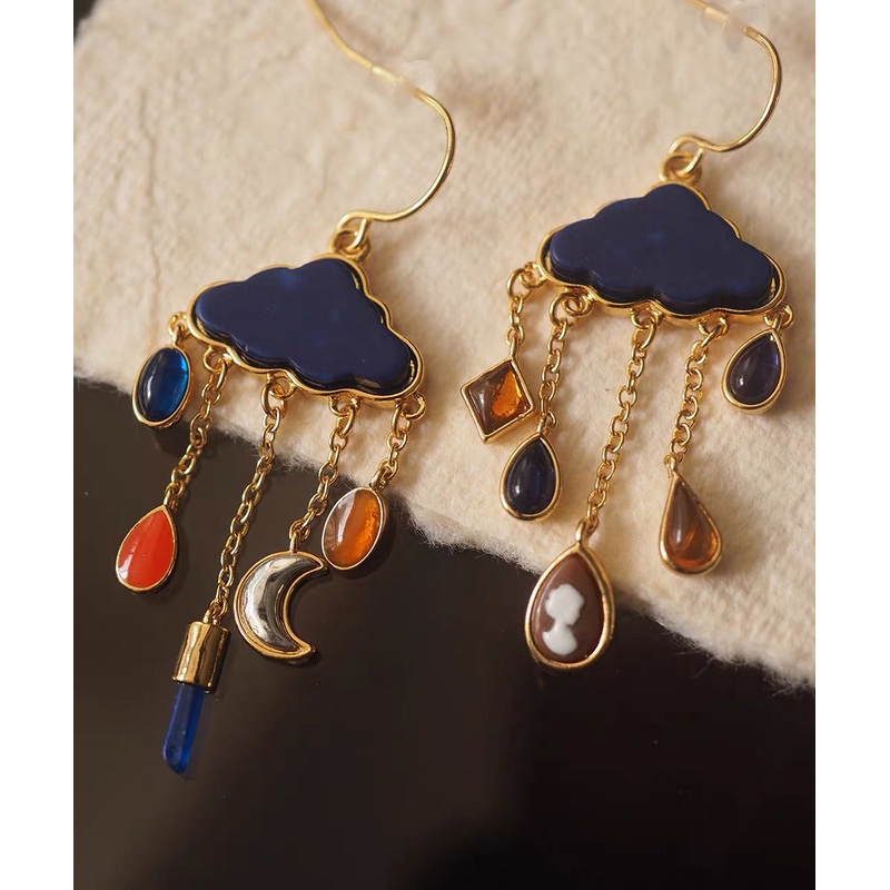 Original Navy Copper Overgild Moon Cloud Tassel Drop Earrings