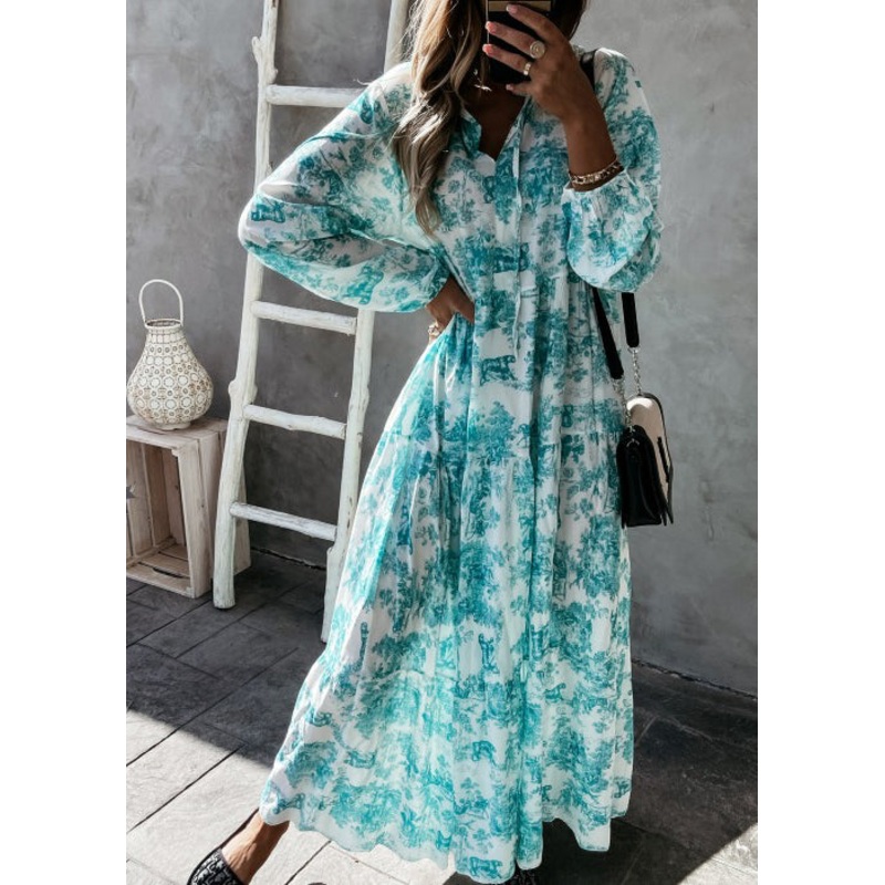 Plus Size Green Print Exra Large Hem Cotton Holiday Dress Spring