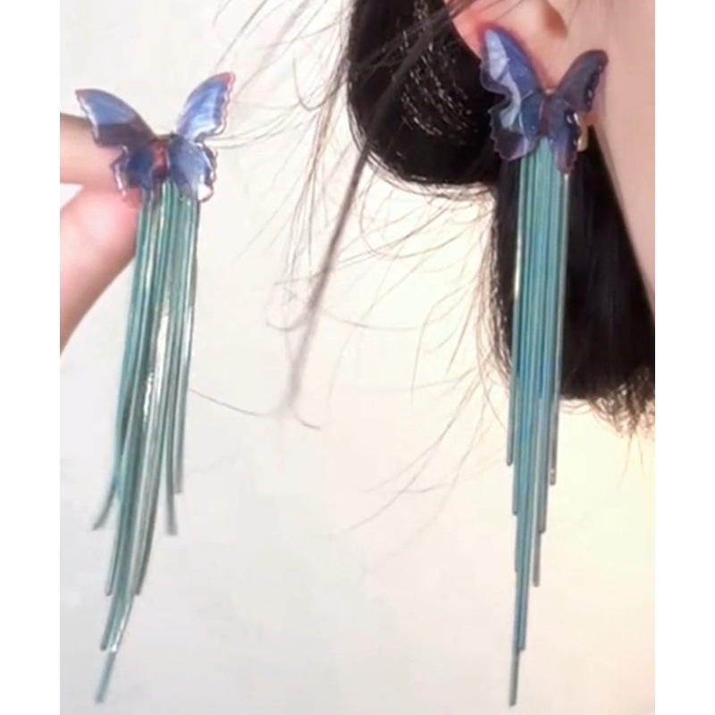 Regular Green Acrylic Beads Butterfly Chain Tassel Drop Earrings