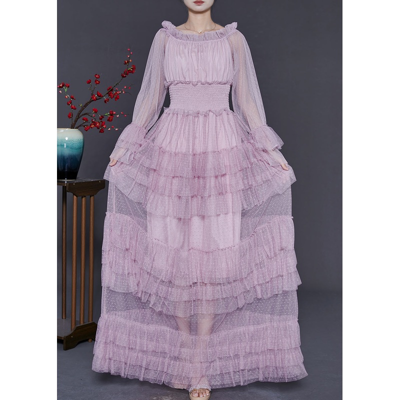 Silm Fit Lavender Elastic Waist Patchwork Tulle Maxi Dresses Spring